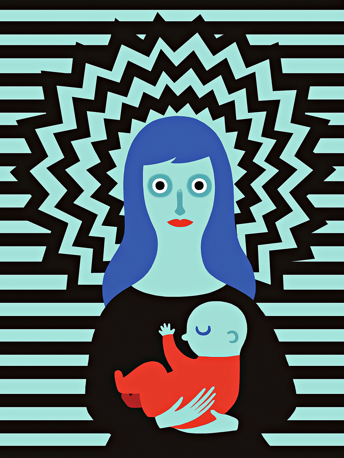 illustration of anxiety-ridden mother with infant